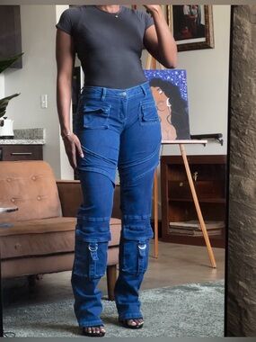 NWOT Fashion Nova Tall Cargo Jeans Dark Wash Straight Leg 36” Inseam Size 7 Y2K